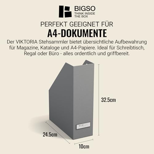 Bigso Box of Sweden VIKTORIA segregator stojący z etykietą z opisem – organizer na czasopisma z płyty pilśniowej i papieru – segregator stojący na akta, dokumenty lub czasopisma – szary