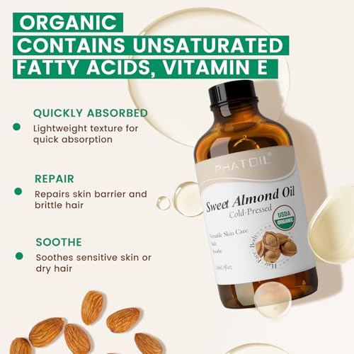 Image of PHATOIL Organic Sweet Almond Oil for Skin 118 ml (4 fl.oz), USDA Certified Organic, Cold Pressed Almond Oil in Glass Bottle for Hair, Face, Body Moisturizer, Carrier Oil for DIY, Massage