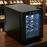 Atnhyruhd Nevera de vino termoeléctrica de 32 litros, 12 botellas, 12 – 18 ℃, temperatura ajustable con panel táctil LED e iluminación interior LED