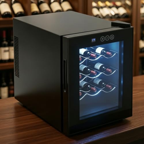 Atnhyruhd Nevera de vino termoeléctrica de 32 litros, 12 botellas, 12 – 18 ℃, temperatura ajustable con panel táctil LED e iluminación interior LED