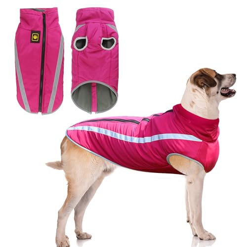 Jodsen Dog Coat Jacket, Warm Coats for Medium Large Dogs Jackets Waterproof Pet Winter Clothes Reflective Windproof Fleece Puppy Outdoor Bulldog, Golden Retriever,Labrador,Husky (5XL/60cm,Pink）
