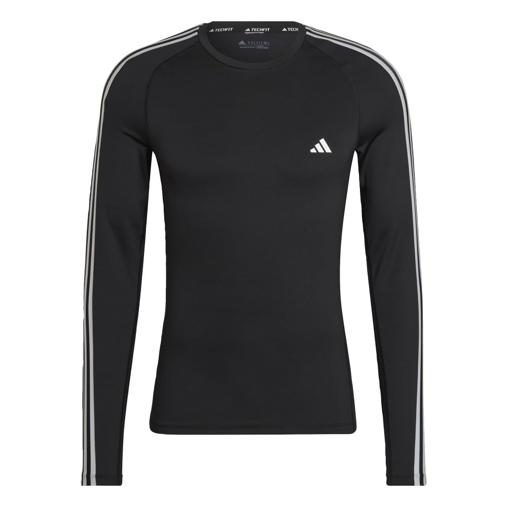 Adidas Men's Black Techfit 3-Stripes Training Long Sleeve Tee