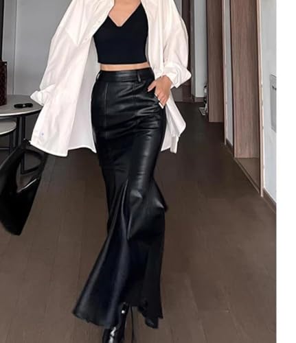 Women High Waist Faux Leather Midi Mermaid Skirt Office Evening Party Slim Fit Hem Long Skirt4