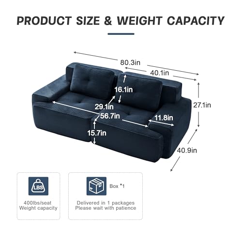 Image of 82 inch Modern Modular Boneless Couch for Living Room, 2 Seat, Soft Corduroy Fabric, Deep Seat Cloud sectional Sofa with Pearl Like Piping and Tufted Design, No Assembly, Anti Slip, Blue