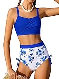 GRACE KARIN Teen Girls Two Piece Bikini High Waist Swimsuit Set Blue Floral Fashionable for Beach Vacation Pool Party Cruise Resort Summer Travel Holiday Bathing Suit Size 16