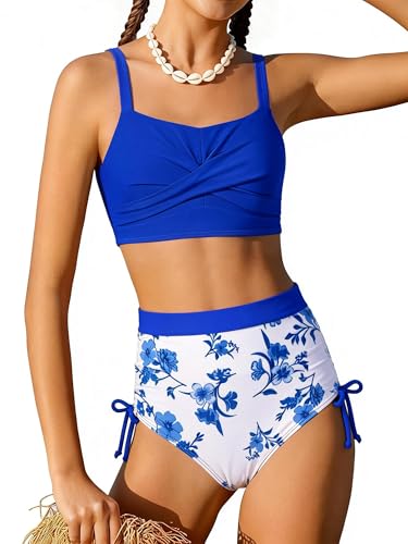 GRACE KARIN Teen Girls Two Piece Bikini High Waist Swimsuit Set Blue Floral Fashionable for Beach Vacation Pool Party Cruise Resort Summer Travel Holiday Bathing Suit Size 16