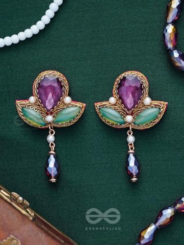 Image of SANJOYA by EVERSTYLISH Embroidered Earrings for Women | Stones, Beads, Glass & Pearl Drop Danglers | Lightweight Adjustable Festive & Wedding Jewelry