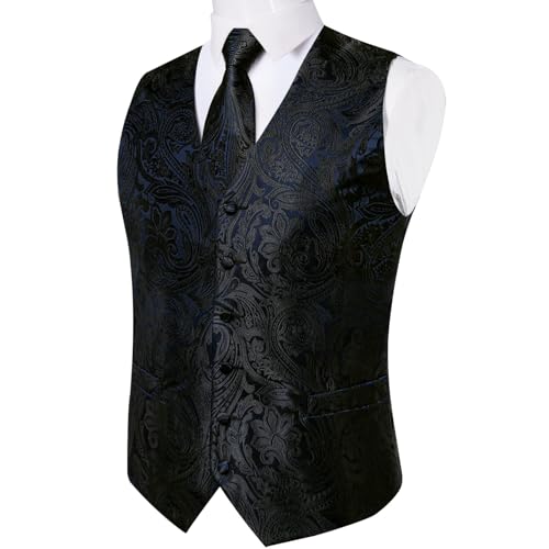 Image of DiBanGu Mens Vest and Tie Set Formal Paisley Waistcoat and Necktie Pocket Square Cufflinks Silk Suit Vest for Tuxedo Wedding