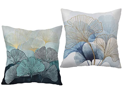 F Finerease Throw Pillow Cover Plant Leaf - 18 x 18 Mixed Light Grey Pillow Cushion Covers - Set of 2 Ginkgo Leaf Square Throw Cushion Case, Great for Sofa, Bedroom, Chair, Yard, Living Room Decor