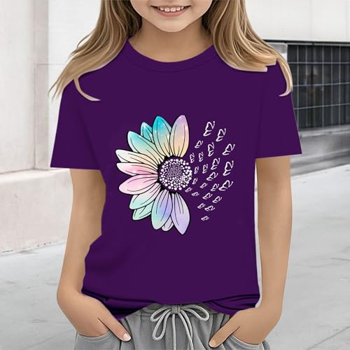 Girls Loose Fit Sunflower Graphic T Shirts Short Sleeve Crewneck Cute Pattern Printed Tops Kids (A-Purple, 12-13 Years)4
