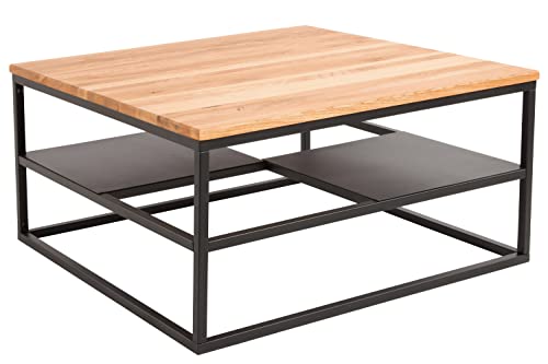 SAM B-Ware Couchtisch 80x80cm Benita, Wildeiche massiv + geölt, Sofatisch mit schwarzem Metallgestell und 2 Ablagen