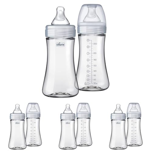 Image of Chicco Duo 9oz. Hybrid Baby Bottle with Invinci-Glass Inside and Plastic Outside | Dishwasher, Bottle Warmer, and Electric Sterilizer Safe | Intui-Latch Nipple | Clear /Grey, 2pk (Pack of 4)