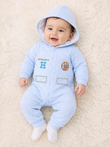 Image of Bold N Elegant Cartoon Bear Warm Winter Fur Wool Full Sleeve Footless Baby Romper with Hood, Front Button Bodysuit for Newborn Infant Baby Boy Girl