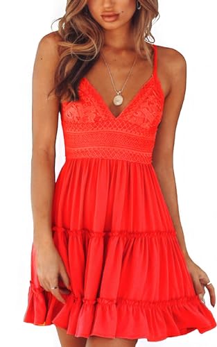 Image of ebossy Women's Sexy Boho V Neck Sleeveless Backless Lace Swing Mini Dress Spaghetti Straps Beach Vacation Sundress (Medium, Red)