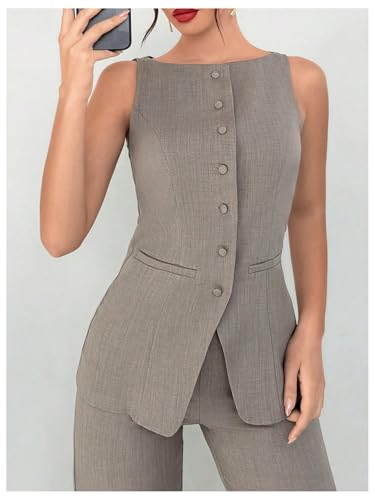 SOLY HUX Women's 2 Piece Business Casual Outfit Button Down Boat Neck Sleeveless Vest and Pants Set3