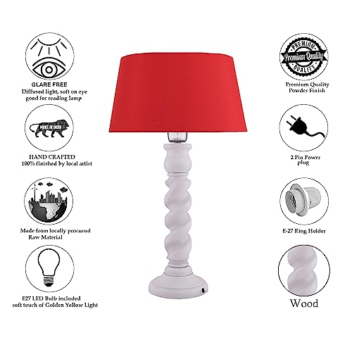 Image of Homesake Classic Twister Wooden Table Lamp with Fabric Shade | Handcrafted Bedside Lamp with E27 Holder| Bulb Included |Warm Light Night Lamp for Bedroom, Living Room, Study & Home Decor, Red