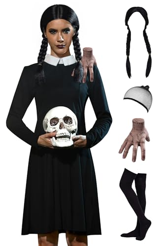 BesserBay Halloween Damen Horror Kleid Langarm Cosplay Peter Pan Kragen Mittwoch Vintage Kostüm Knielang Schwarz XL