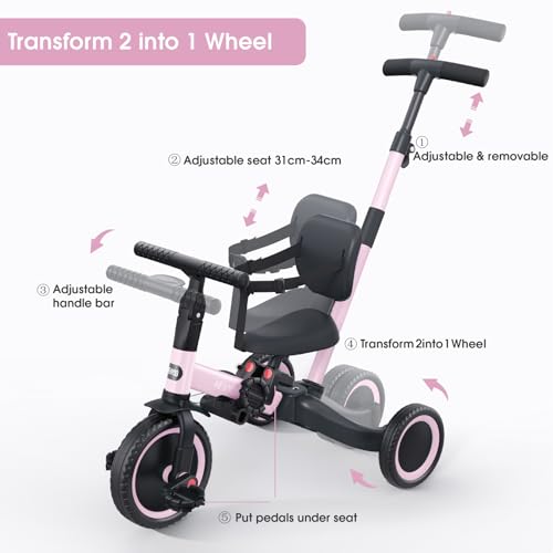 Image of newyoo Toddler Tricycle,Toddler Bike,Birthday Gifts and Toys for 1-3 Year Old Boys and Girls, Trike with Push Handle, Backrest and Safety Belt, Balance Bike, TR007, Pink
