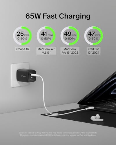 Image of Belkin Dual USB C Charger Block 65W, Super Fast Charging PD 3.0 w /GaN - Samsung Galaxy S26, Apple iPhone 17, Air, Pro, Pro Max, iPad, MacBook, AirPods, Apple Watch, & More - Black