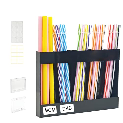 Yiilead Straw Holder, Transparent Acrylic Straw Dispenser with Double Sided Adhesive Tape and Stickers,Organizer for Cupboard Reusable for Kitchen Counter (Black)