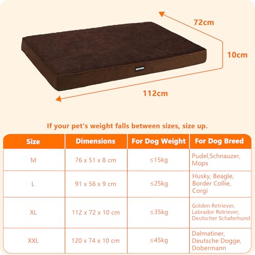 HMTOPE Orthopädisches Hundebett, 10cm Dicke Hundekissen für Mittelgroße Hunde, Grosse Hunde, Abnehmbar und Waschbar Hundematte, rutschfeste Unterseite, Wasserdichtes Innenfutter, 112 cm, Braun