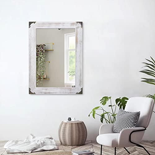 Aazzkang Wall Mirror Large 26"X18" Rustic Mirror With Wood Frame Rectangle Decorative Bedroom Bathroom Vanity Mirror Wall Decor White #TOP5