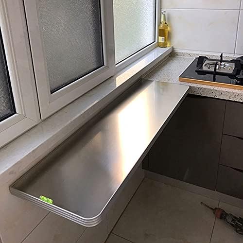 Folding Wall Mounted Breakfast Bar Table - Compact Drop Leaf Stainless Steel Dining Table for Small Spaces, Kitchen Workstation, Space-Saving Furniture