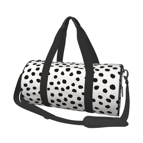 Animal Print Dots Black White Dalmatian Round Duffle Bag, Spacious Sport Travel Bag With Zippered Pockets & Soft Grip Handles