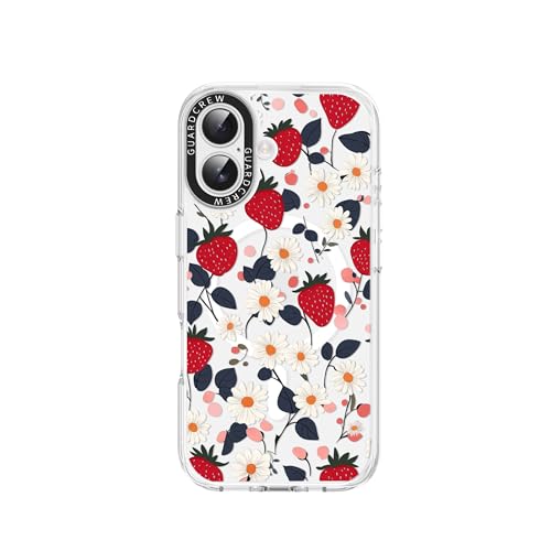 Coque iPhone 16 MagSafe transparente avec motif marguerite fraise