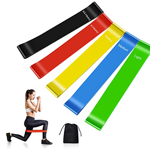 Fitnessbänder [5er Set] Fitnessband Theraband Gymnastikband mit Übungsanleitung auf Deutsch & Tragebeutel Gymnastikband Resistance Band Trainingsband für Crossfit, Muskelaufbau, Yoga, Männer Frauen Cover