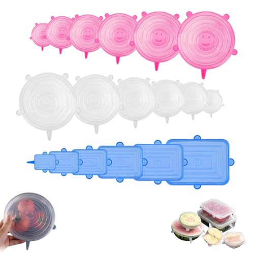 xolear 18 Piezas Tapas Silicona Ajustables Cocina, Reutilizables y Ecologicas Tapas de Silicona Elásticas, Sin BPA, Duradero Tapa de Extensible, Varias Medidas, para Tapa Cuencos, Refrigerador