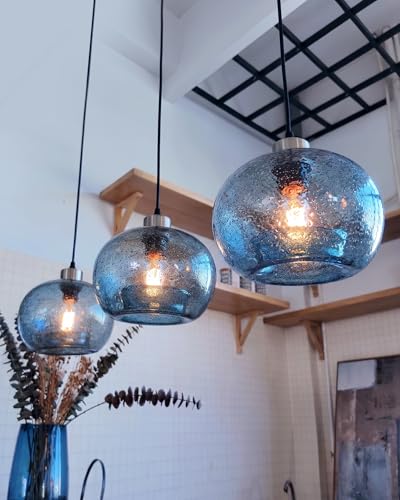 Image of CASAMOTION Hand Blown Glass Pendant Lights Kitchen Island Marble Blue Color Modern Rustic Style Ceiling Hanging Light Fixtures Dining Room Brushed Nickel 8.7 Inch Diameter 2 Pack