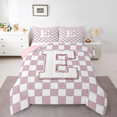 Image of Erosebridal Pink Initial E Comforter Set Queen Kawaii Plaid Checkered Bedding Set Cute Personalized Monogram Comforter for Kids Girls Teen Women,Fashion Grids Gingham Quilt Duvet