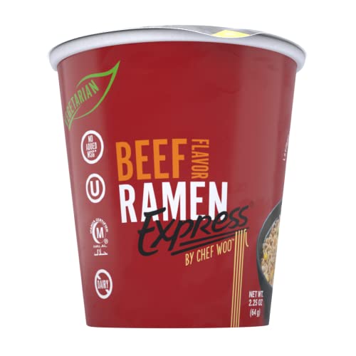 RAMEN EXPRESS Beef Flavor Ramen Cup Noodle, 2.25 Oz Each (Pack Of 12) by Chef Woo | Vegetarian Ramen Noodles | No Added MSG | Halal | Egg-Free and Dairy-Free