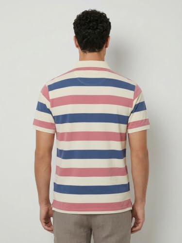 Image of Raymond Men Modern Fit Stripe Pattern Pure Cotton Polo Neck Half Sleeve Casual T-Shirt