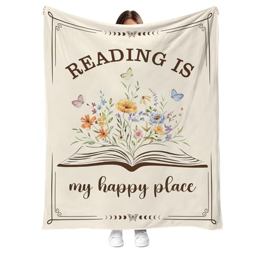YRWSU Book Lover Gifts for Women, Reading is My Happy Place Throw Blanket, Floral Book Butterfly Fleece Blanket for Reading Nook Couch, Cottagecore Librarian Teacher Gift 50x60 Inch