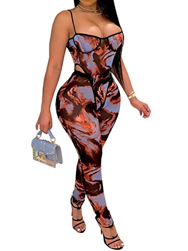 Women Sexy See Through Two Piece Jumpsuits Halter Camisole Tie Dye Bodysuit Sheer Mesh Skinny Pants Club Long Romper Red L