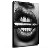 Sexy Black and White Lips Biting Bullet Wall Art Posters Pictures for Gallery Room Aesthetic Living Room Bathroom Bedroom Decor (12×18inch_Framed)