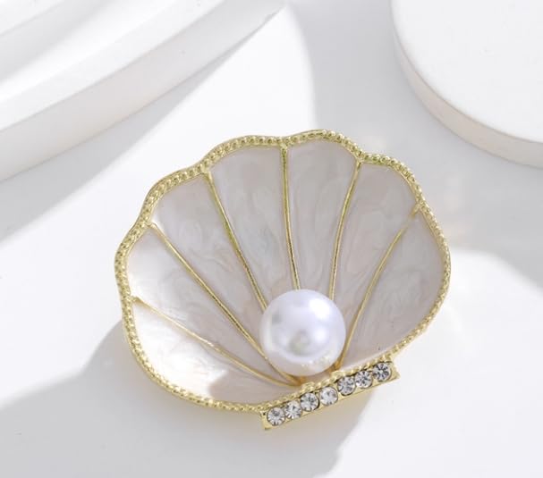 Image of Seashell Brooch Pin White Pearl Crystal Shell Lapel Pin Vintage Clam Shell Badges Women Men Suit Coat Jewelry Chic Dress Sweater Jacket Decors