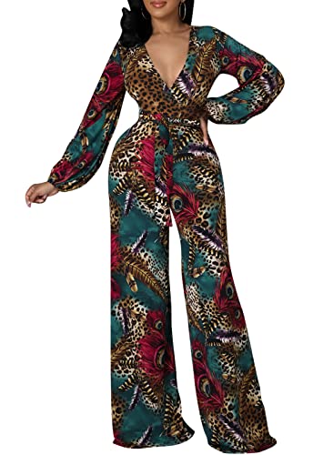 CutieLove Women's Sexy V Neck One Piece Jumpsuits Long Sleeve Casual Wide Leg Long Pants Jumpsuits with Belt, Multi-color