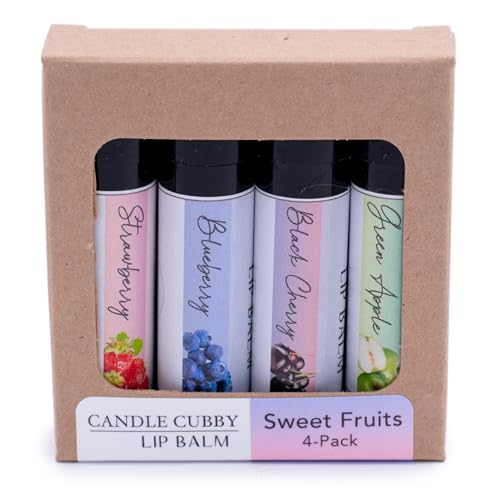 Candle Cubby Lip Balm Sweet Fruits 4-Pack, Strawberry Blueberry Black Cherry Green Apple, Natural Beeswax, Moisturizing Lip Treatment, 4 Tubes, 0.15 oz., White
