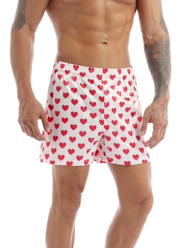 FEESHOW Hommes Short de Pyjama Boxer Soie Short avec Motif Lèvres/Amour Coeur sous-vêtements de Nuit Homme Lingerie de Nuit Pantalon Court Taille Élastique Blanc XL
