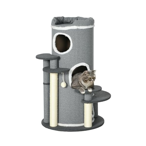 PawHut Katzen Kratztonne 99 cm Spieltonne Kratzbaum Katzenbaum mit Katzenbett, Spielball, Plattformen, Katzenkratzbaum mit 3 Türen, Katzenmöbel, Grau
