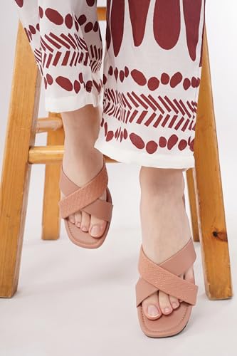 Image of Women's Cross Strap Textured Flat Sandals - Stylish and Comfortable Slip-On Flats