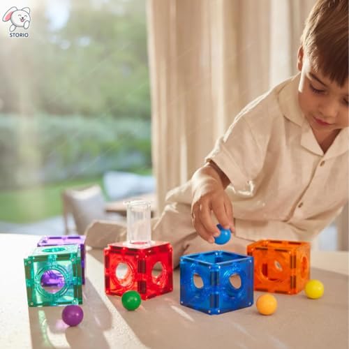 Image of Storio 3D Magnetic Tiles Building Blocks with Ball Runner Tunnels - 75 Pcs | Magnetic Construction Set for Kids 3-8 Years | STEM Educational Toy | Creative Brain Development Gift for Boys & Girls