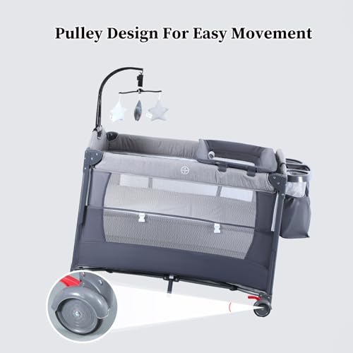 Multifunctional Crib, 3 in 1 Travel Crib, Portable Crib for Baby, Baby Bassinet Bedside Sleeper with Diaper Changer, Baby Playard with Adjustable Height, Easy to Install