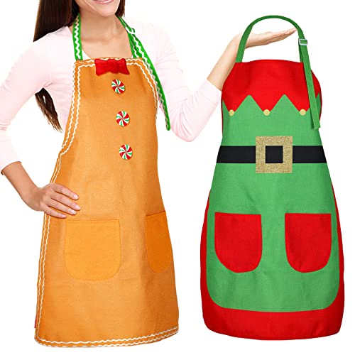 JenPen 2 Pieces Christmas Apron Elf Gingerbread Style Decoration Apron for Unisex Women Men Parent Christmas Dinner Party Cooking Baking Crafting House Cleaning Kitchen Gardening