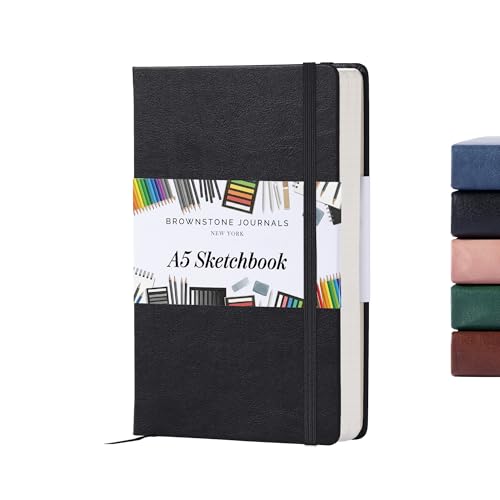 BROWNSTONE JOURNALS A5 Sketch Book Hardcover - 80 Sheets 100 GSM Paper 5x8 Lay Flat Vegan Leather Cover Elastic Band Back Pocket Art Drawing Book (Charcoal Black)