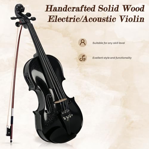 Image of Electric /Acoustic Violin with Ebony Accessories with Carrying Case, Violin Bow, Bridge, Shoulder Rest, Stickers, Tuner, Instruction, Handcraft with Maple, Spruce (Black)