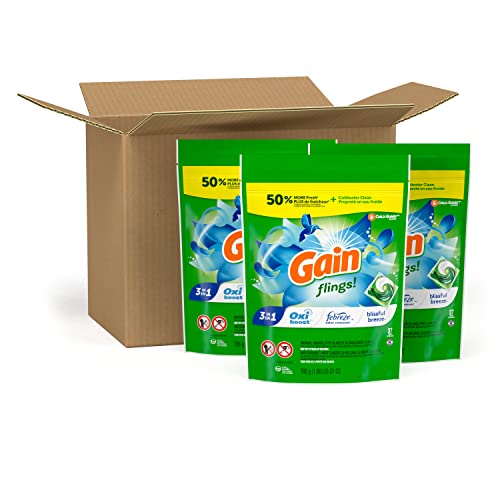 Image of Gain flings! Liquid Laundry Detergent Soap Pacs, HE Compatible, 3 Bag Value Pack, 111 Count, Long Lasting Scent, Blissful Breeze Scent